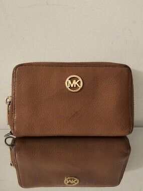 Michael Kors Cognac Pebbled Leather Zip Wallet with Gold MK Logo